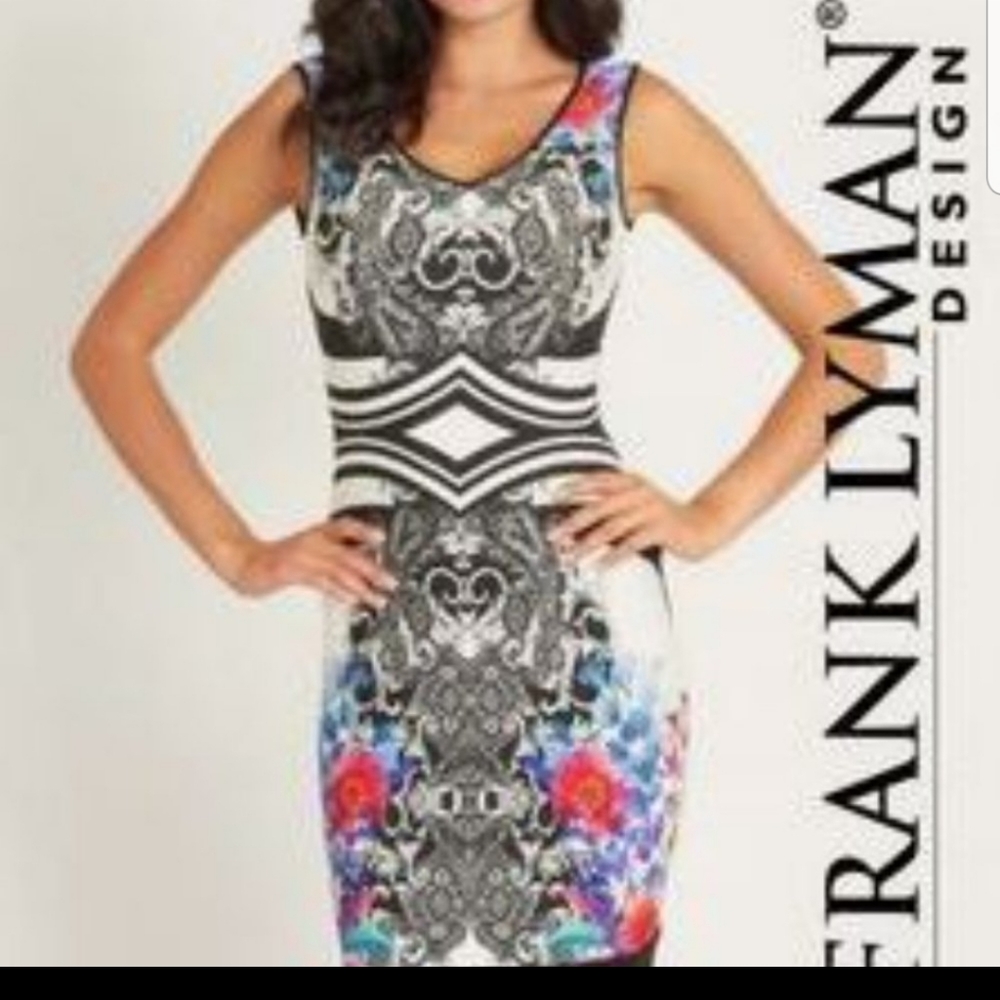 Frank Lyman dress. Tapered fit with lining flowers black white blue red. wedding